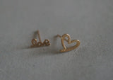 10K Solid Gold Stud Earrings Line Hollow Heart Love Small Letter Real Gold - TGE037