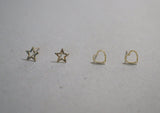 10K Solid Gold Tiny Star Heart Stud Earrings Texture Shiny Cut Line Pattern Thin Real Gold - TGE011 TGE039
