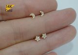 14K Solid Gold Stud Earrings, Cubic Zirconia Star Earrings, Cubic Zirconia Moon earrings - TGE40011