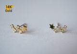14K Gold Tiny Star CZ Stud Earrings W Cassiopeia Geometric Real Gold - TGE40019