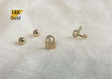 14K Solid Gold Little Padlock / Tiny Key 20G, 6mm Post