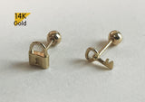 14K Solid Gold Little Padlock / Tiny Key 20G, 6mm Post