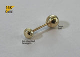 14K Solid Gold 6,8,10mm Post, Tiny Barbell ball, Screw ball back for piercing