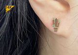 14K Solid Gold Cactus Stud Earrings, Green Cubic Zirconia Cactus Stud Earrings - TGE40029