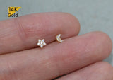 14K Solid Gold Stud Earrings, Cubic Zirconia Star Earrings, Cubic Zirconia Moon earrings - TGE40011