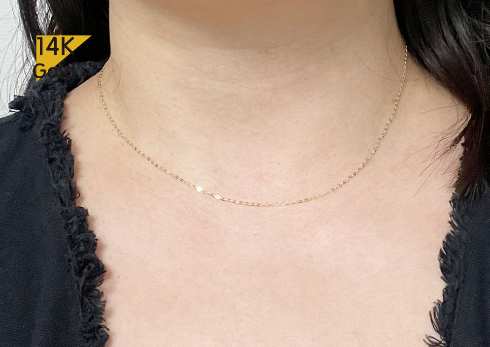 14K Solid Gold Necklace, Thin Chain, Tiny Thin Pendant, 14K Yellow Gol