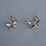 14K Solid Gold Stud Earrings, Rose Gold Thin, Shiny Star, Rose Gold - TGE41003