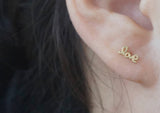 10K Solid Gold Stud Earrings Line Hollow Heart Love Small Letter Real Gold - TGE037