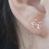 14K Solid Gold Stud Earrings, Rose Gold Thin, Shiny Star, Rose Gold - TGE41003