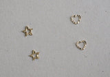 10K Solid Gold Tiny Star Heart Stud Earrings Texture Shiny Cut Line Pattern Thin Real Gold - TGE011 TGE039