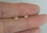 10K Solid Gold Tiny Flower Line Stud Earrings Cubic Zircornia Real Gold - TGE063