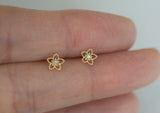 10K Solid Gold Tiny Flower Line Stud Earrings Cubic Zircornia Real Gold - TGE063