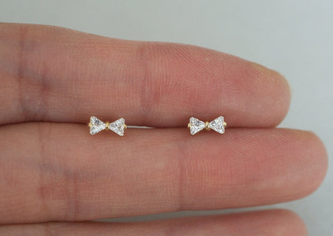 10K Solid Gold Tiny Ribbon Stud Earrings Cubic Zircornia CZ Real Gold - TGE043