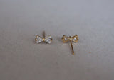 10K Solid Gold Tiny Ribbon Stud Earrings Cubic Zircornia CZ Real Gold - TGE043