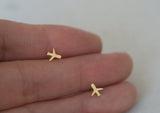 10K Solid Gold Tiny Airplane Stud Earrings, Plane Real Gold - TGE092