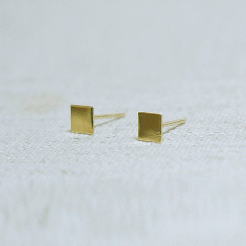 10K Solid Gold Tiny Flat Square Stud Earrings Real Gold, Geometric - TGE101