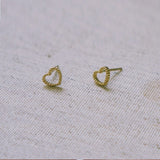 10K Solid Gold Tiny LINE Heart Patterned Stud Earrings Real Gold - TGE032