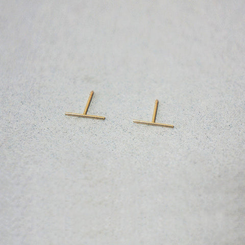 10K Solid Gold Tiny Thin Line Earrings,10mm Round Straight Line Bar - TGE003-2