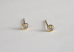 14K Solid Gold Stud Earrings, Tiny Stud, Yellow Gold White CZ Earrings, Real Gold - TGE41009