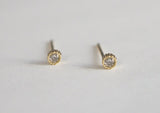 14K Solid Gold Stud Earrings, Tiny Stud, Yellow Gold White CZ Earrings, Real Gold - TGE41009