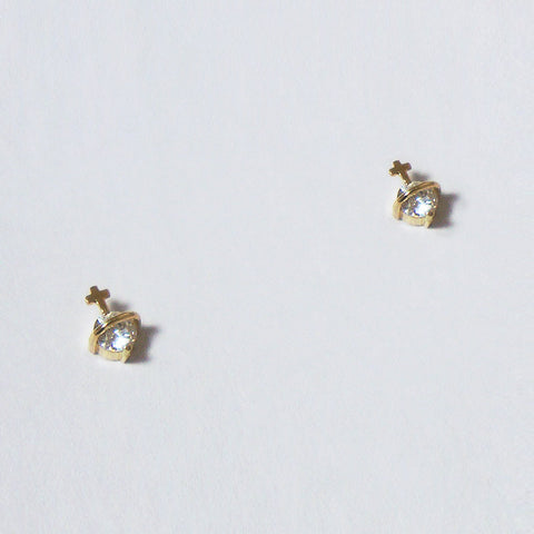 10K Solid Gold Tiny Cross with Cubic White CZ Stud Earrings Real Gold - TGE051