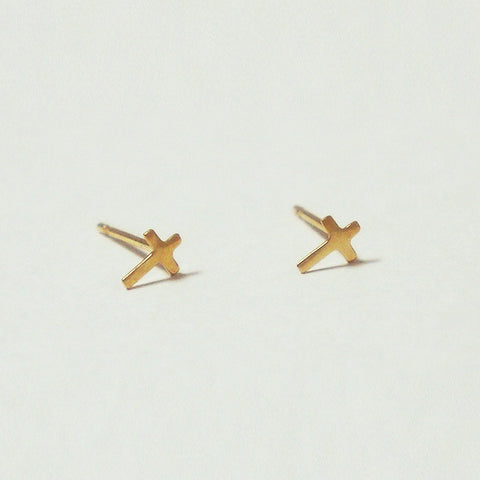 10K Gold Tiny Cross Stud Earrings, Solid Gold, 10k Real Gold - TGE055