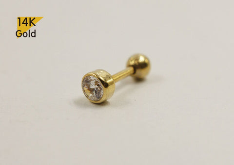 14K Solid Gold Tiny CZ 3.5 mm Barbell Piercing, 20G, 5.5mm Post, Tragus Piercing, Helix Cartilage Piercing - TGP4009