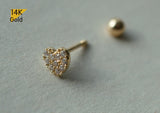 14K Solid Gold Heart Barbell Piercing, 22G, 6mm Post, Tragus Piercing, Helix Cartilage Piercing - TGP3001