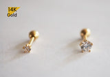 14K Solid Gold Tiny CZ 2,3mm Stud End Barbell Piercing, 20G, 6mm Post, 5 Prong Basket Set - TGP4008