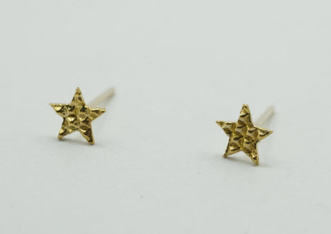 10K Solid Gold Tiny Stud Earrings Patterned Star Real Gold - TGE008