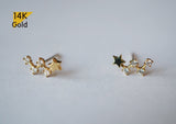 14K Gold Tiny Star CZ Stud Earrings W Cassiopeia Geometric Real Gold - TGE40019