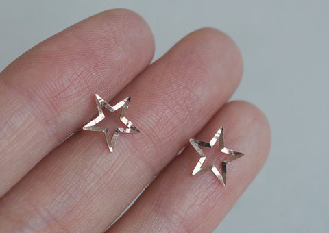 14K Solid Gold Stud Earrings, Rose Gold Thin, Shiny Star, Rose Gold - TGE41003