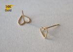 14K Solid Gold Stud Earrings, Thin Heart Line Earrings - TGE40010