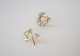 10K Gold CZ Star Moon Stud Earrings, Solid Gold, 10K Real Gold - TGE127