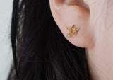 10K Gold CZ Star Moon Stud Earrings, Solid Gold, 10K Real Gold - TGE127