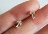 10K Solid Gold Tiny CZ Clover Key Stud Earrings, Lucky Clover Earrings - TGE123