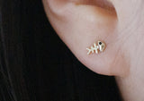 10K Solid Gold Tiny Fish Bone With Black Eye Stud Earrings - TGE128