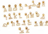 Single Earring 14K Solid Gold Tiny CZ Alphabet A to Z Piercing, 20G, 6mm Post - TGP6002
