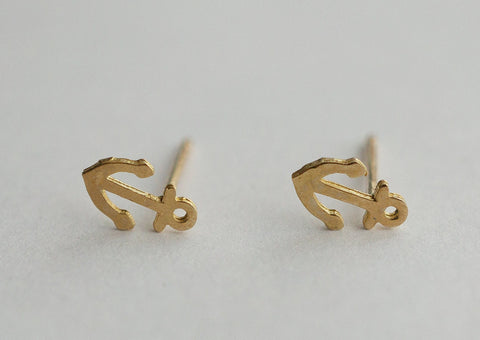 10K Solid Gold Cute Anchor Stud Earrings Real Gold 14K Available - TGE107