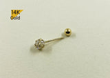 14K Solid Gold White CZ Ball End Barbell Piercing 22G, 6mm Post Real Gold - TGP4504