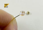 14K Solid Gold White CZ Ball End Barbell Piercing 22G, 6mm Post Real Gold - TGP4504