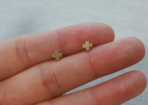 10K Solid Gold Tiny Plus Sign X Cross Stud Earrings Real Gold - TGE054