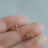 10K Solid Gold Stud Earrings Triangle Geometric Line Hollow Real Yellow Gold - TGE070