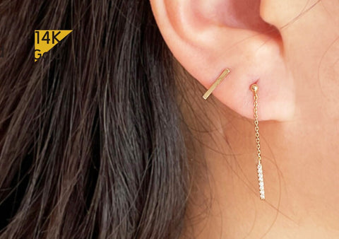 Mixed Set 14K Solid Gold Bar Stud Earring + Thin Chain with Tiny White CZ Stud Earring - TGE40012