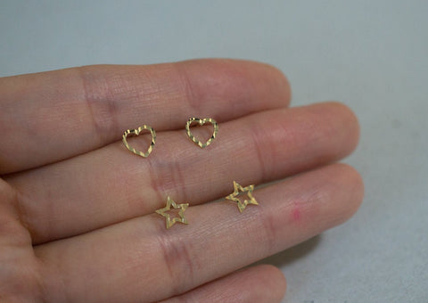 10K Solid Gold Tiny Star Heart Stud Earrings Texture Shiny Cut Line Pattern Thin Real Gold - TGE011 TGE039