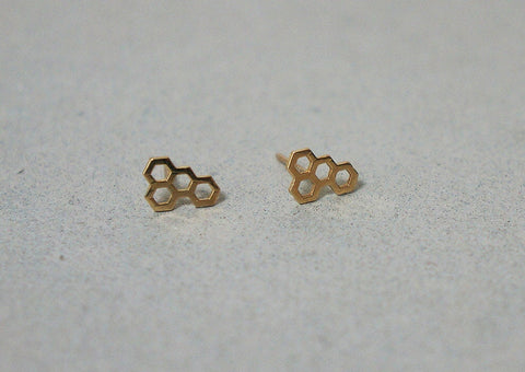 10K Solid Gold Tiny Bee Stud Earrings Honey Comb Geometric Hexagon Real Gold- TGE058