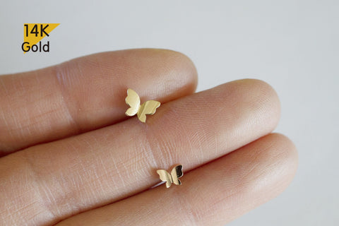 14K Solid Gold Stud Earrings, Butterfly Yellow Gold Rose Gold Studs - TGE41005