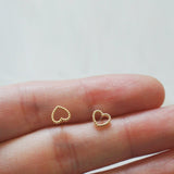 10K Solid Gold Tiny LINE Heart Patterned Stud Earrings Real Gold - TGE032