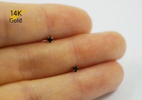 14K Solid Gold Stud Earrings 2mm Black CZ Earrings - TGE41007