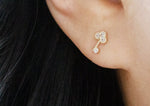 10K Solid Gold Tiny CZ Clover Key Stud Earrings, Lucky Clover Earrings - TGE123